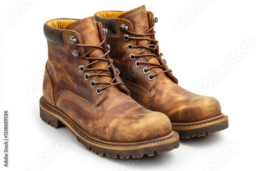 product photography of two yellow-brown men's leather work boots on a whit