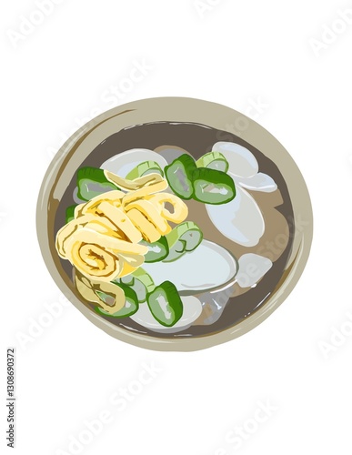 Hand drawn illustration of Tteokguk, oval rice cake slices, egg, dried laver seaweed, and occasionally dumplings in a meat-based broth is now eaten all year