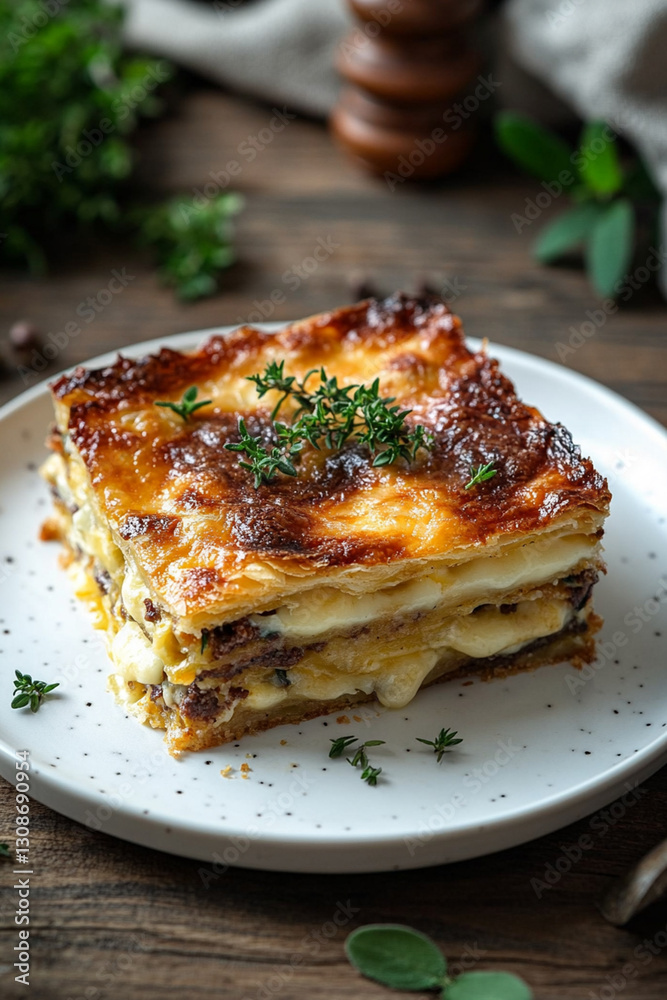 Serving borak - crispy layered pie with cheese and herbs on a white plate Serving borak - crispy layered pie with cheese and herbs on a white plate