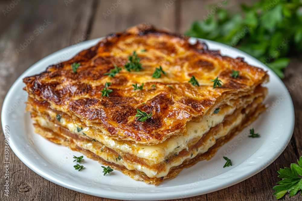 Serving borak - crispy layered pie with cheese and herbs on a white plate Serving borak - crispy layered pie with cheese and herbs on a white plate