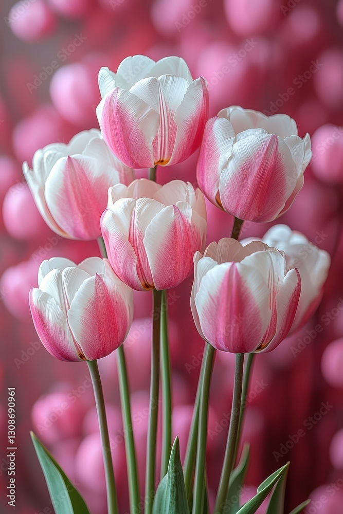 Fototapeta premium Pink and white tulips with delicate flowers on a vibrant pink background