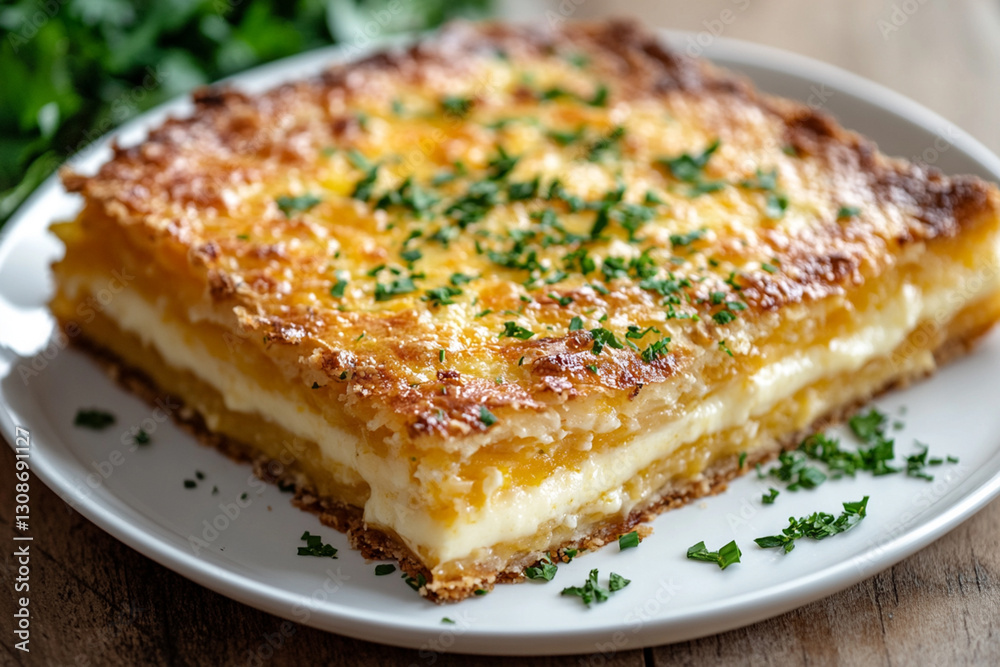 Serving borak - crispy layered pie with cheese and herbs on a white plate Serving borak - crispy layered pie with cheese and herbs on a white plate