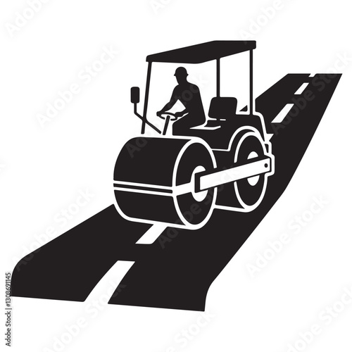 Effective road construction worker operating a large road roller machine