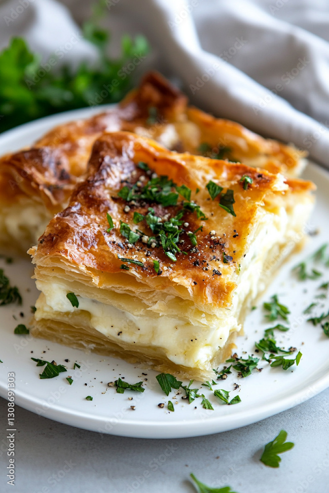 Serving borak - crispy layered pie with cheese and herbs on a white plate Serving borak - crispy layered pie with cheese and herbs on a white plate