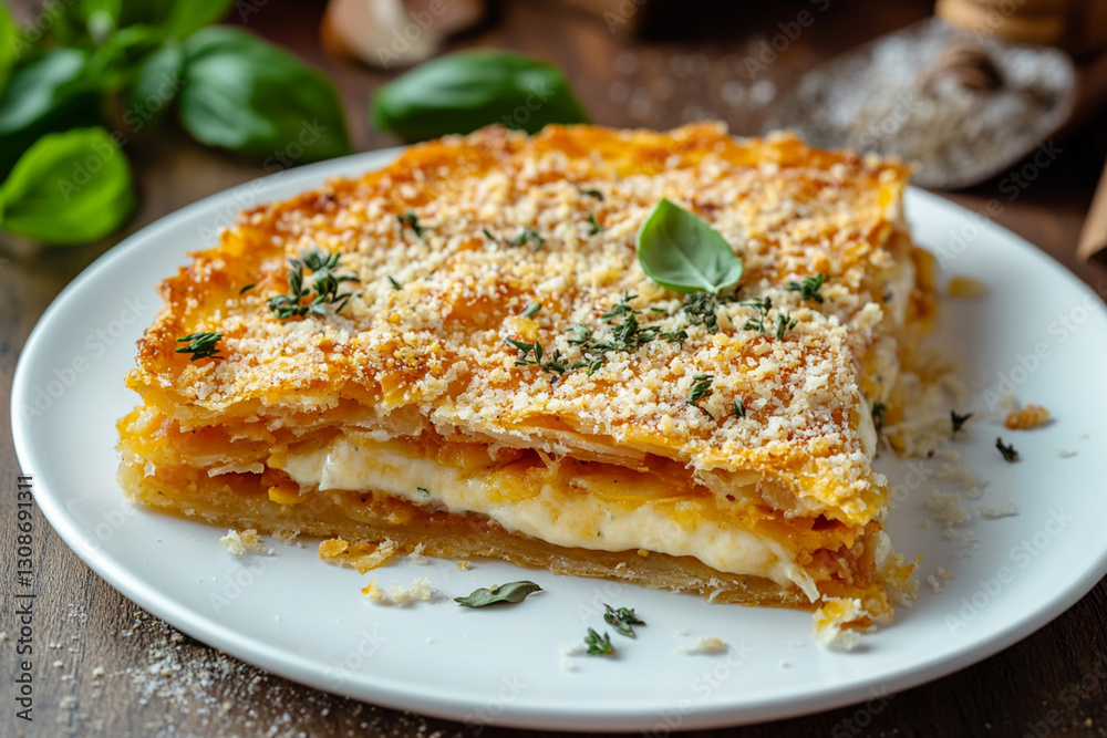 Serving borak - crispy layered pie with cheese and herbs on a white plate Serving borak - crispy layered pie with cheese and herbs on a white plate