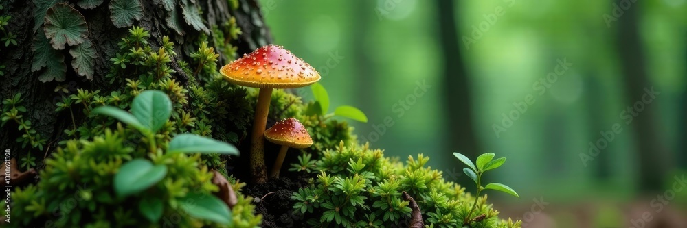 Fototapeta premium Lichen covered tree trunk with weeping mushroom and rain drop, fungi, wild