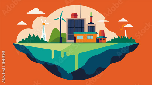 Two worlds collide on this patch of land the futuristic clean energy of a solar farm next to the gritty outdated reality of a fossil fuel plant.. Vector illustration