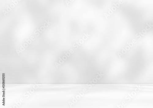 Empty white room studio with leaves shadow overlay effect for product presentation display. Cosmetic beauty fashion showroom. Morning sunlight through the window. Minimal Mock up interior background.