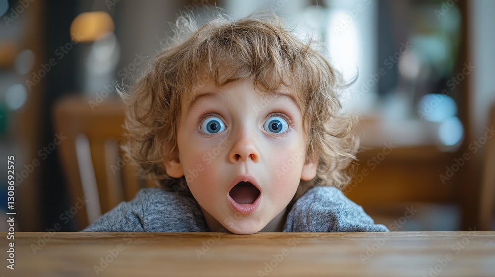Fototapeta premium Surprised caucasian child with curly hair expresses amazement