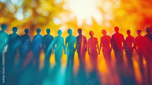 Diverse silhouettes holding hands in vibrant sunset background