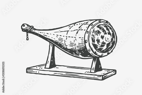 Jamon on the wooden jamonera. Jamon icon in flat style isolated on white background.