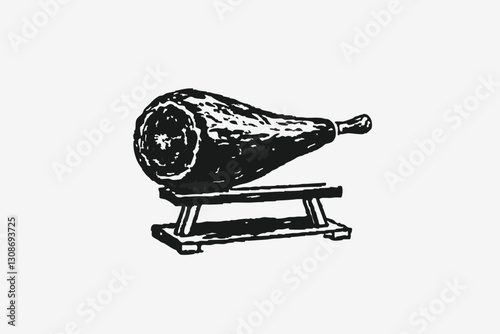 Ham leg on a wooden stand. Dry meat, farm food. Jamon on the wooden jamonera. Vector illustration on the white background