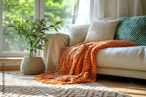 modern cozy living room with a soft beige sofa, textured pillows, an orange knitted blanket, and a potted plant by the window

