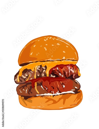 Hand drawn illustration of burger, double beef or chicken patty, melted cheese.