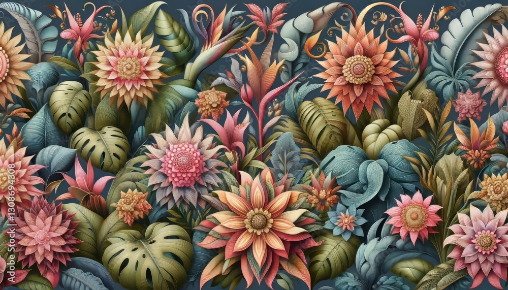 Features exotic flowers and foliage designs Features exotic flowers and foliage designs