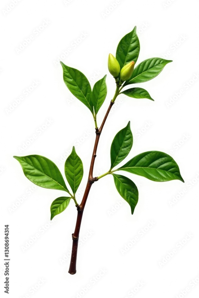 Fototapeta premium Single branch with leaves and buds isolated on white background, texture, solo