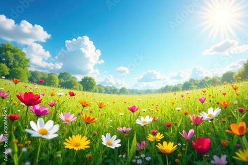 Vibrant wildflowers carpet a sun-drenched meadow , colorful, countryside, landscape