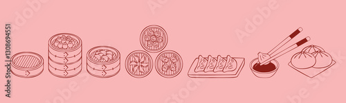 Dim sum illustration featuring dumplings, buns, chopsticks, and minimal line art for a tasty, traditional Asian culinary concept.