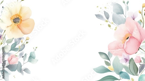 Exquisite Illustration Design of Greeting Card with Soft Pastel Watercolor Flowers