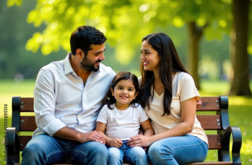 Hispanic family enjoying a day at the park with smiling child on a bench Hispanic family enjoying a day at the park with smiling child on a bench