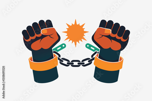 Arrest. Chain of slavery, hand in handcuffs. Broken, chained, handcuffed hands. Broken handcuff Freedom concept Hand Drawn Sketch Vector illustration