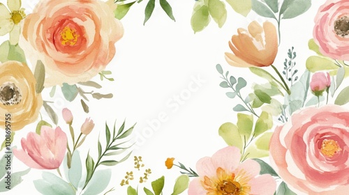 Exquisite Illustration Design of Greeting Card with Soft Pastel Watercolor Flowers