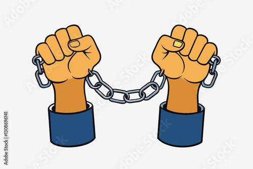 two clenched hands chained together. Hands breaking the chain. hands bound in barbed wire Isolated vector illustration