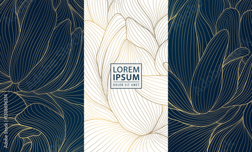 Vector set of gold luxury art deco backgrounds, nature fancy ornate pattern. Leaf floral wine, spa, beauty products, perfume, tea design. Vintage box elegant template.