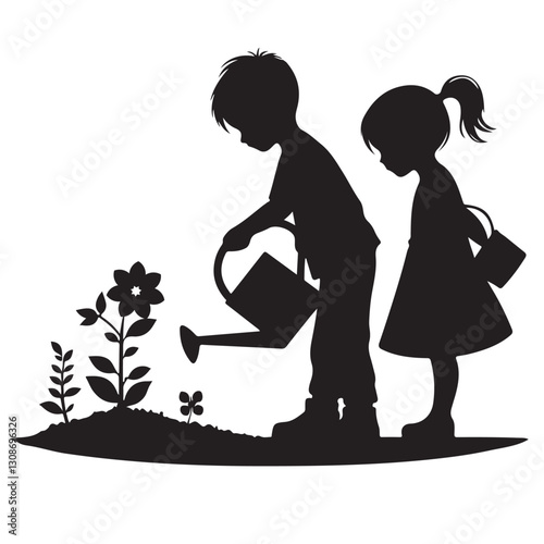 Silhouette of Children Gardening for Environmental Care and Education