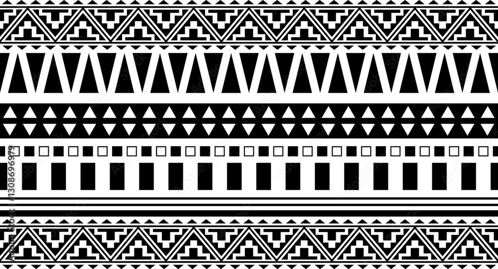 Tribal ethnic seamless pattern in black and white. Set of seamless Indian patterns. Ethnic seamless ornament, border, frame. Endless ethnic ornament Maya, Inca, Aztec, Peru, Brazil, Mexico, Guatemala.