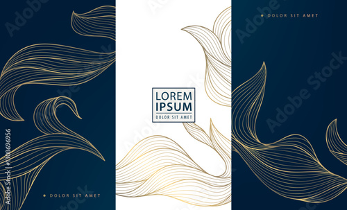 Vector set of gold luxury art deco backgrounds, nature fancy ornate pattern. Leaf floral wine, spa, beauty products, perfume, tea design. Vintage box elegant template.