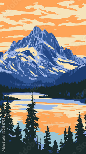 WPA Poster Art of Lila Lake and Hibox Mountain, Alpine Lakes Wilderness, Cascade Range, Washington