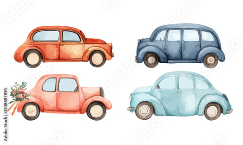 Charming Watercolor Wedding Cars Collection for Celebratory Design Projects