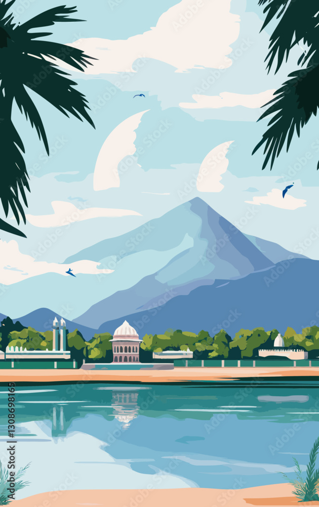 Naklejka premium Vintage Coimbatore Tourism Poster with Scenic Indian Landscape and Mountain View