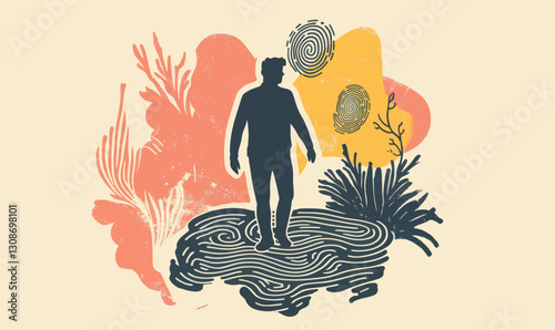 Man Seeking Life's Meaning: Philosophical Labyrinth and Pathway Illustration