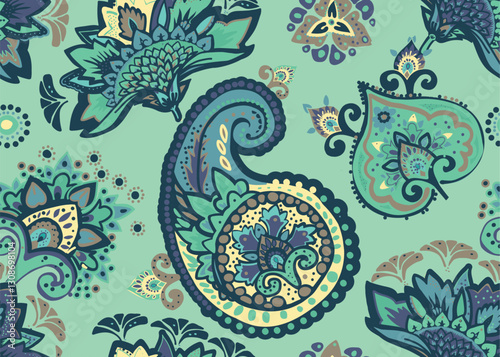 Seamless paisley pattern in Oriental style with floral and ethnic motifs for printed fabric, wallpaper, and packaging