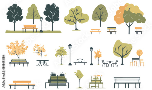 Minimalist City Park Vector Illustration Set with Trees, Benches, and Landscaping Elements