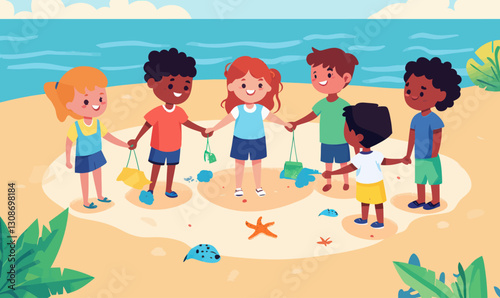 Children's Beach Cleanup Circle: Playful Environmental Illustration in Minimalist Style
