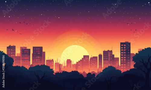 Minimalistic Flat Vector Illustration of Sunset Over City Skyline with Trees Silhouette