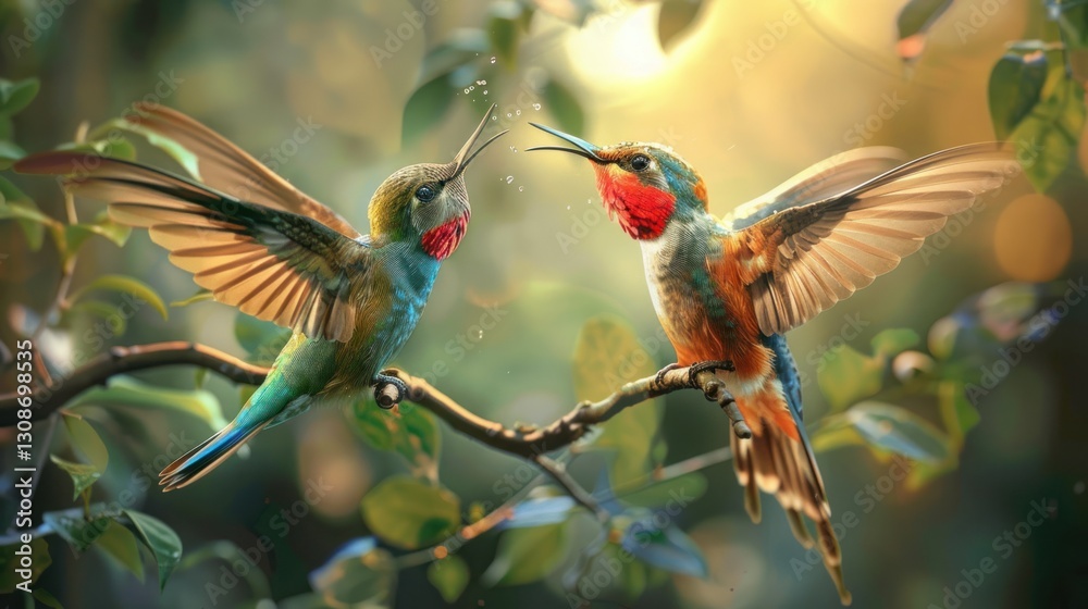 Fototapeta premium A surreal landscape with floating islands, waterfalls cascading into the sky, and glowing trees,