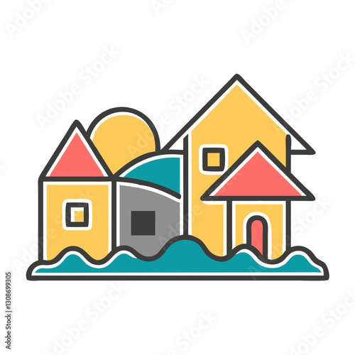 Colorful house illustration with a bright sun, symbolizing home and warmth