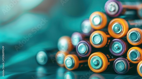 stack of colorful batteries is arranged on reflective surface, showcasing their metallic tops and vibrant casings. image captures energy and potential stored within these everyday power sources