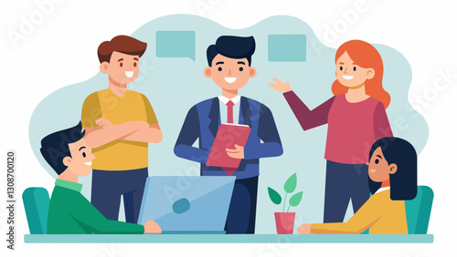 The manager holds a brief meeting to introduce the new employee to the rest of the team highlighting their skills and experience.. Vector illustration