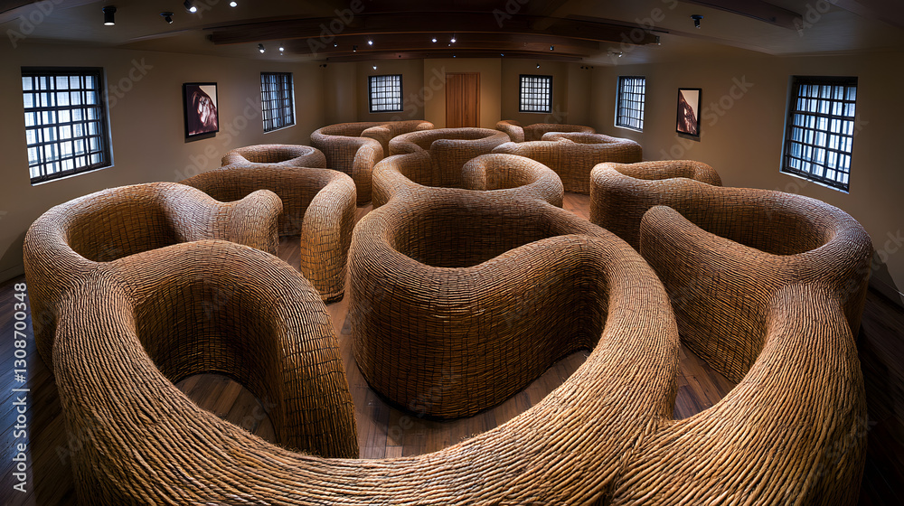 Artistic Installation: An immersive art installation featuring organically shaped structures of woven material, bathed in soft lighting, creating a captivating and thought-provoking experience.