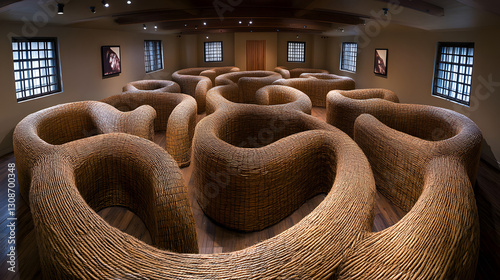 Artistic Installation: An immersive art installation featuring organically shaped structures of woven material, bathed in soft lighting, creating a captivating and thought-provoking experience.