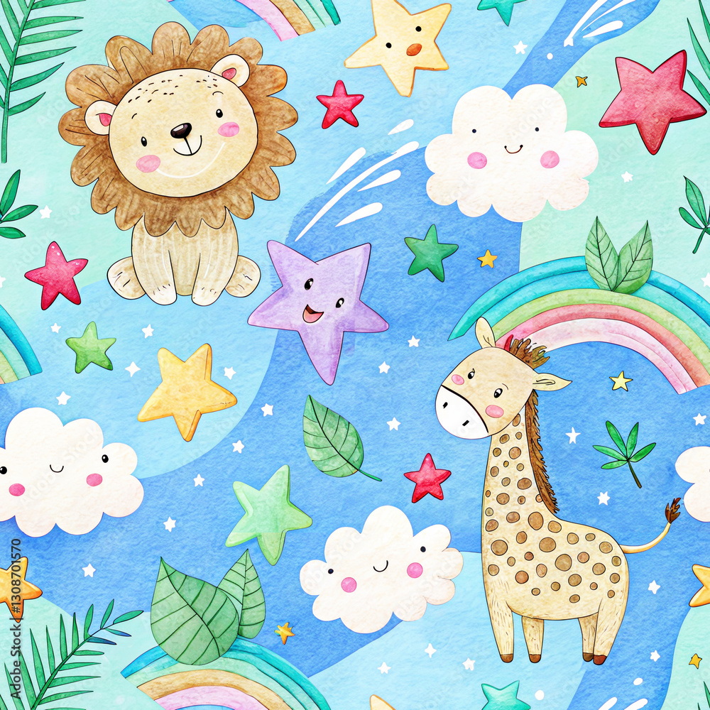 Fototapeta premium Nahtloses Kindermuster mit Löwen Giraffen Regenbögen und Wolken, Seamless kids pattern with lions giraffes rainbows and clouds