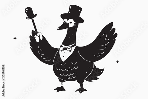 Black silhouette Goose Magician Entertainer Cartoon Mascot logo. It's a funny vector illustration.