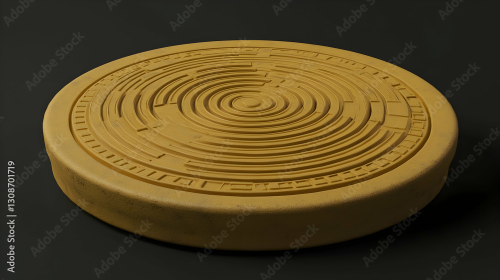 Fototapeta premium Yellow circular maze design, textured surface, dark background, abstract concept, perfect for graphic design