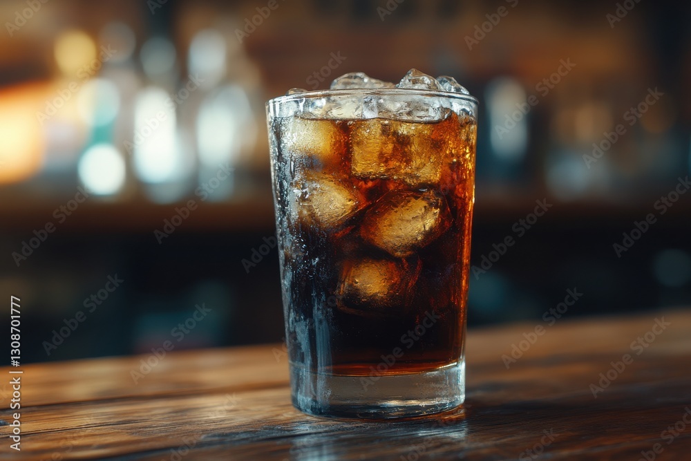 Refreshing drink served in a glass filled with ice on a wooden bar top in a casual setting Refreshing drink served in a glass filled with ice on a wooden bar top in a casual setting