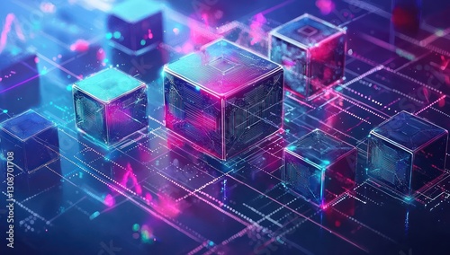 Abstract fintech visualization of secure digital assets and blockchain technology.